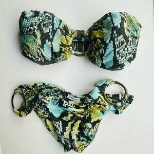 Lenny Niemeyer Bandeau Snake-Print Bikini Set in Teal & Lime size S